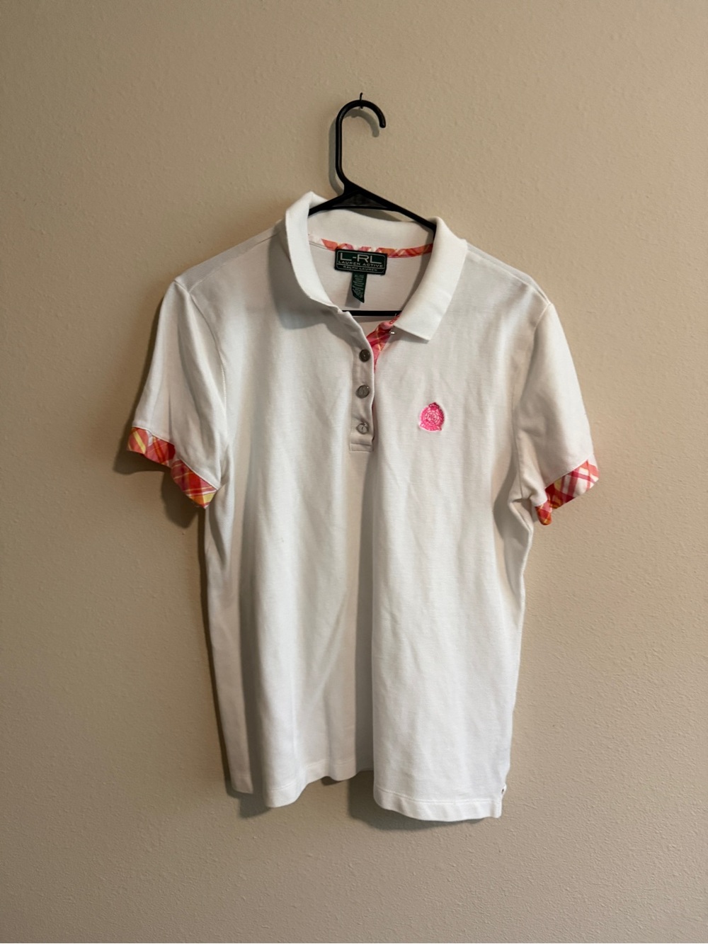 Ralph Lauren White Polo with Pink Plaid Trim